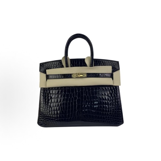 HERMES爱马仕 Birkin 25无肩带亮面倒V金扣 铂金包手提包 女款 黑色